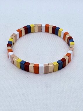 Multi Color Square Tile Enamel Goldtone Stretch Bracelet Fun Stackable Size 6
